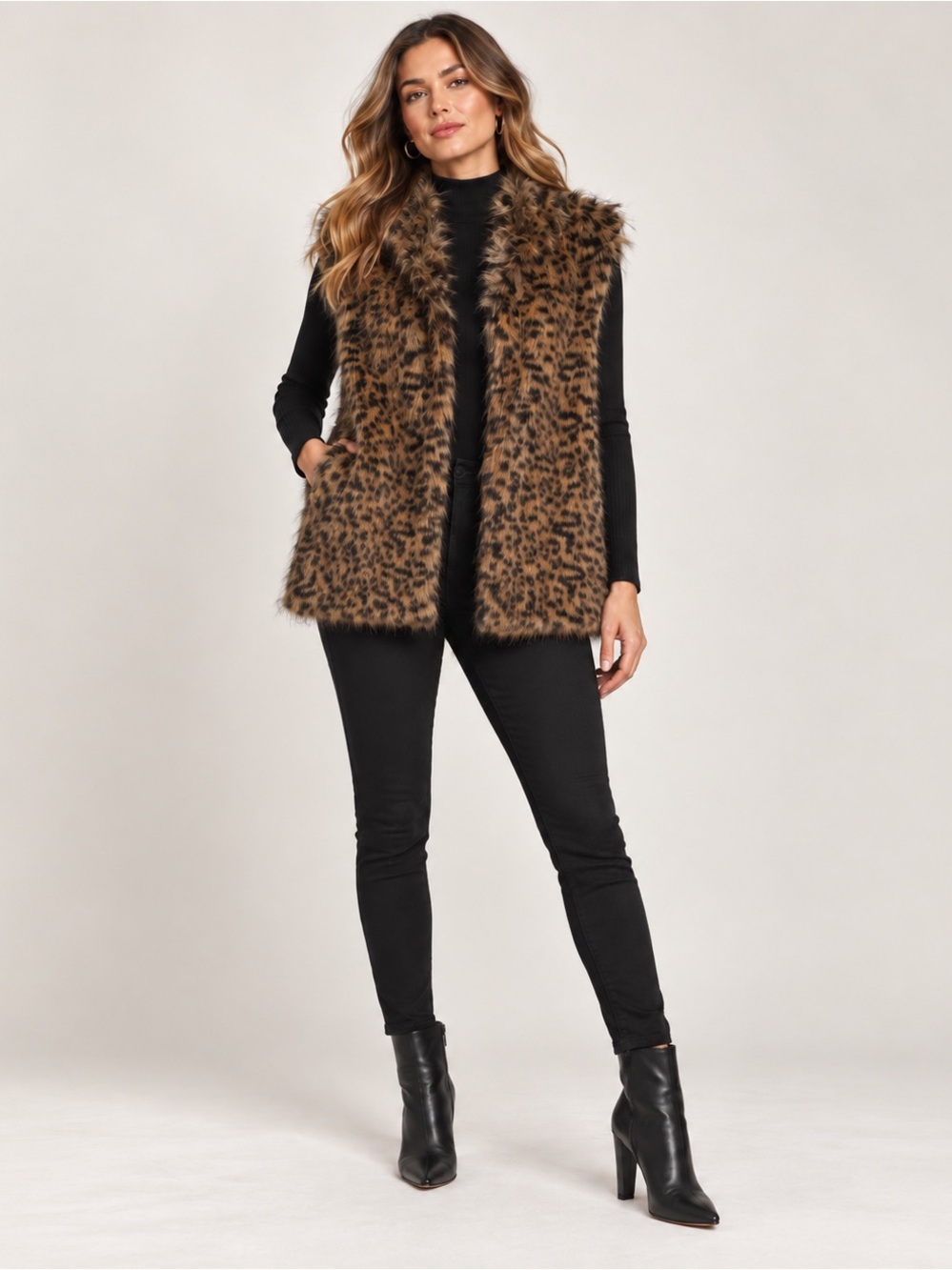 Faux Fur Leopard Print Vest - Brown Black lining front closure women size L